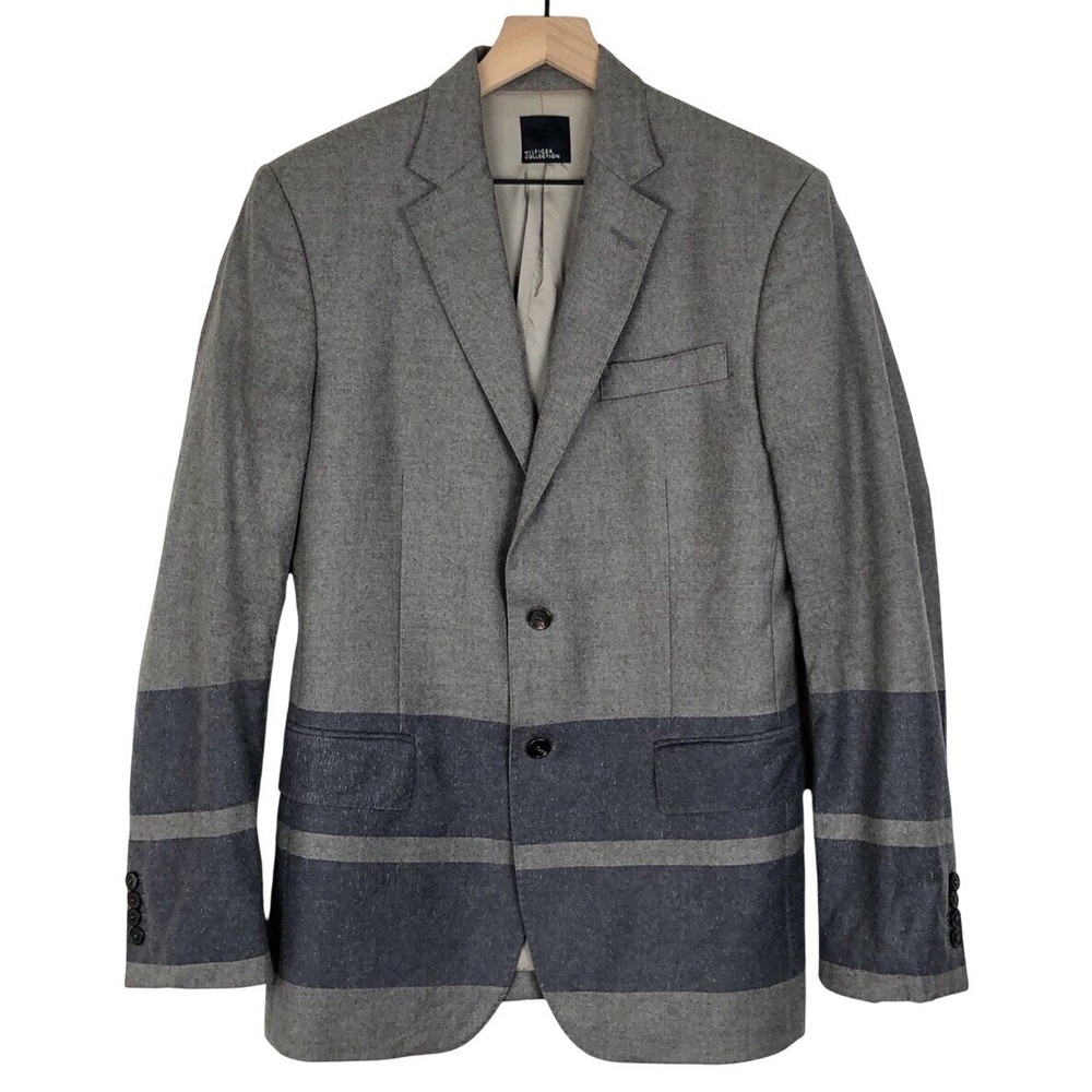 HILFIGER‎ + PENDLETON Stripe Wool Jacket 39" Gray Blue Blazer Coat Runway Extra